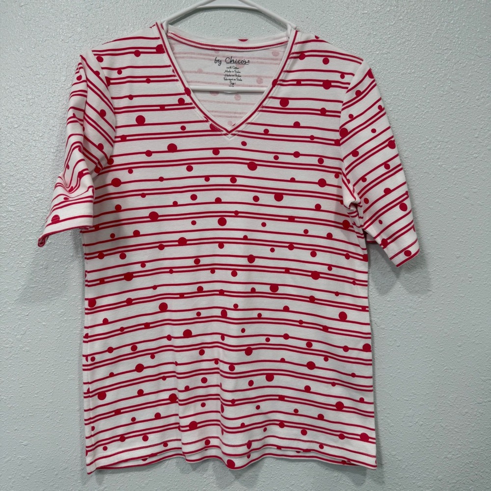 Chico's Red White Striped Polka Dot V-Neck Cotton Top Size 1 Medium